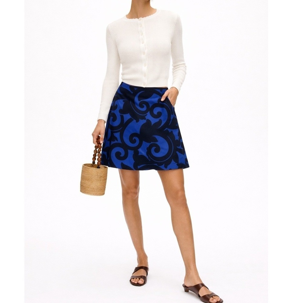 J.Crew Womens Blue Navy Damask Scroll Mini Skirt Size 8 Cotton Spandex A-Line